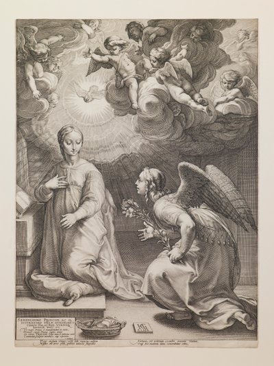 Marian ilmestys, sarjasta "Neitsyt Marian elämä" tekijältä Hendrick Goltzius