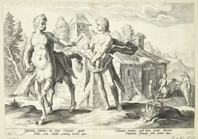 Apollo uskoo Cheironin Asklepioksen koulutuksen tekijältä Hendrick Goltzius