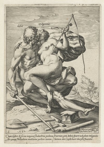 Työvoima ja teollisuus (työvoima / Diligentia) Työn, ahkeruuden, käytännön ja taiteen palkinto (sarjan nimi) tekijältä Hendrick Goltzius