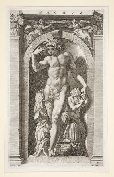 Bacchus, #7 kahdeksan antiikkijumalan sarjassa tekijältä Hendrick Goltzius