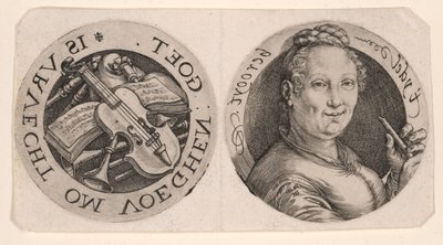 Naisen rintakuva, jolla on kädessään huilu, ja soittimia, yhdellä arkilla. tekijältä Hendrick Goltzius