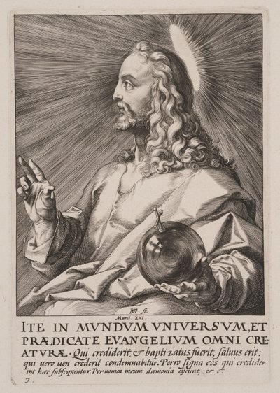 Kristus (Salvator Mundi), Kristuksesta, apostoleista ja Paavalista uskontunnustuksen kera tekijältä Hendrick Goltzius