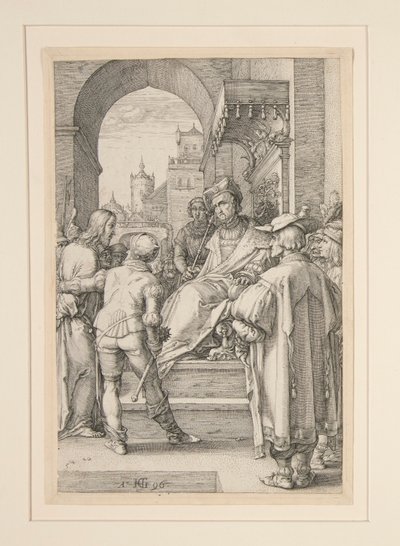 Kristus Pilatuksen edessä, The Passion, numero 5 12 kaiverruksen sarjassa tekijältä Hendrick Goltzius