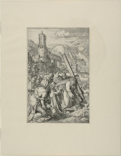 Kristus kantaa ristiä, levy yhdeksän Kristuksen kärsimyksestä tekijältä Hendrick Goltzius