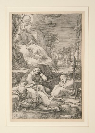 Kristus Öljymäellä (The Agony in the Garden), The Passion, #2 12 kaiverruksen sarjassa tekijältä Hendrick Goltzius