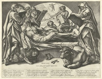 Kuollut Kristus ja neljä evankelistaa tekijältä Hendrick Goltzius