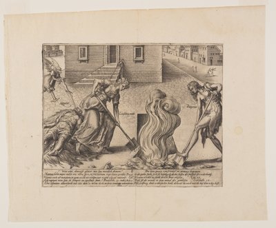 Hölmön oikeudenkäyntihenkilön kuolema, kirjasta Litis Abusus (Lain väärinkäytökset). tekijältä Hendrick Goltzius