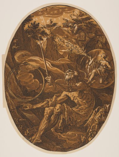 Demogorgon Ikuisuuden luolassa, elokuvasta Jumaluuksia tekijältä Hendrick Goltzius