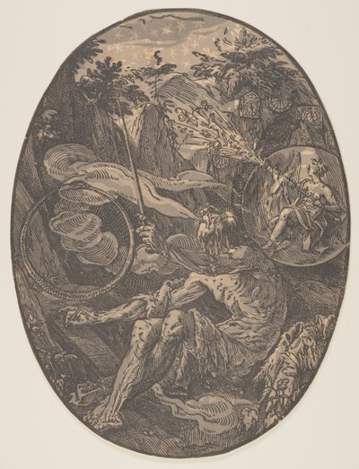 Demogorgon Ikuisuuden luolassa, elokuvasta Jumaluuksia tekijältä Hendrick Goltzius