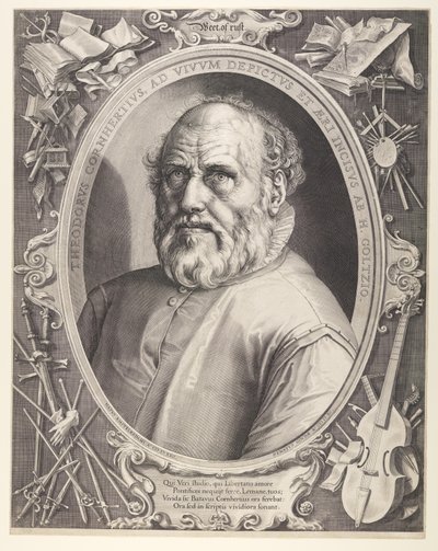 Dirck Volkertsz. Coornhert (kehyksen kanssa) tekijältä Hendrick Goltzius