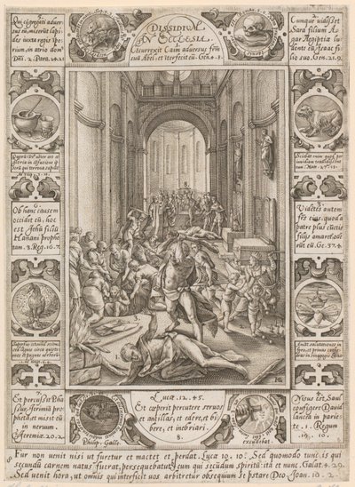 Dissidium in Ecclesia, sarjan ”Kristillisen uskon allegoriat” 8. lehti tekijältä Hendrick Goltzius