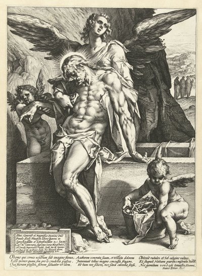 Enkelit kantavat Kristuksen ruumista tekijältä Hendrick Goltzius
