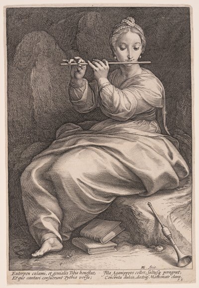 Euterpe, musiikin muusa, teoksesta The Nine Muses (Yhdeksän muusaa). tekijältä Hendrick Goltzius