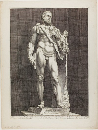 Hercules ja Telephos, levy kaksi kolmesta kuuluisasta antiikkiveistoksesta tekijältä Hendrick Goltzius