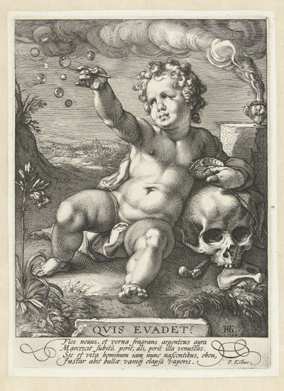 Homo bulla Kuka vältti? (otsikko esineessä) tekijältä Hendrick Goltzius