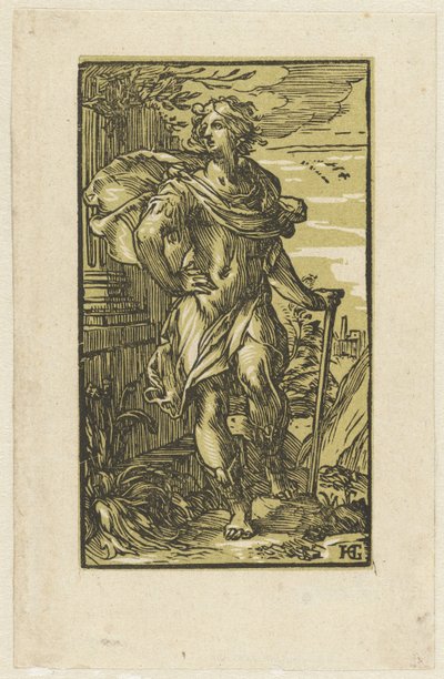 Nuori mies kävelykepin kanssa tekijältä Hendrick Goltzius