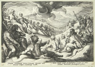 Jupiter neuvottelee jumalien kanssa maailmankaikkeuden tuhoamisesta tekijältä Hendrick Goltzius