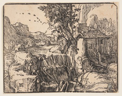 Maisema vesiputouksen kanssa tekijältä Hendrick Goltzius