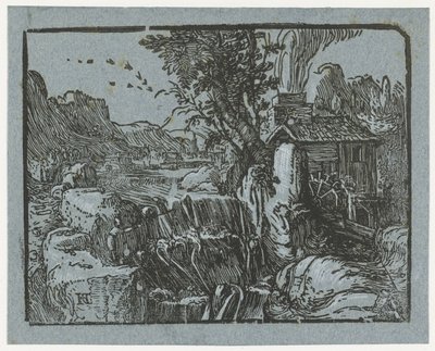 Maisema vesiputouksella Neljä pientä maisemaa (sarjan nimi) tekijältä Hendrick Goltzius