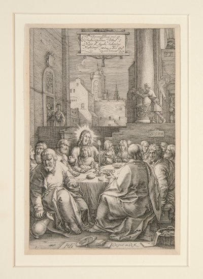 Viimeinen ehtoollinen, The Passion, nro 1 12 kaiverruksen sarjassa tekijältä Hendrick Goltzius