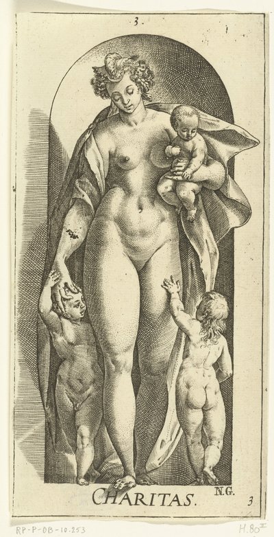Rakkaus Hyväntekeväisyys (nimi esineessä) Seitsemän hyvettä (sarjan nimi) tekijältä Hendrick Goltzius