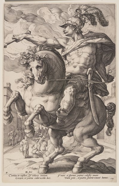 Marcus Curtius hevosen selässä, roomalaisista sankareista. tekijältä Hendrick Goltzius