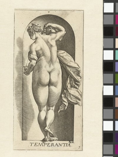 raittius Temperance (otsikko esineessä) Seitsemän hyvettä (sarjan nimi) tekijältä Hendrick Goltzius