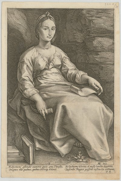 Melpomene, sarjan ”Yhdeksän muusa” 3. sivu tekijältä Hendrick Goltzius