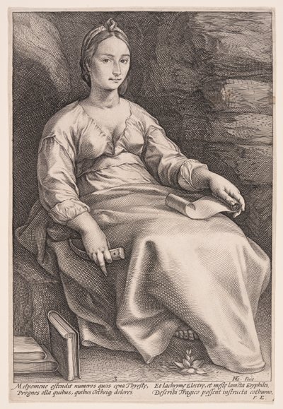 Melpomene, tragedian muusa, teoksesta Yhdeksän muusaa. tekijältä Hendrick Goltzius
