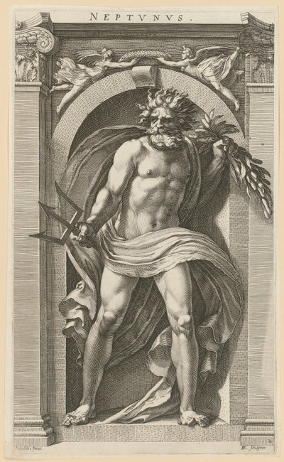 Neptunus, sarjan ”Kahdeksan antiikin jumaluutta” 2. sivu tekijältä Hendrick Goltzius