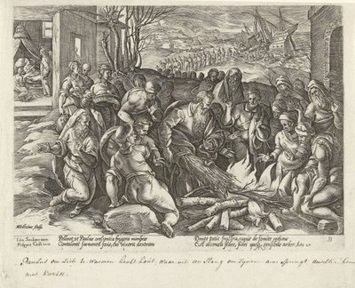 Kyykäärme puree Paulia Maltalla Apostolien teot (sarjan nimi) Acta Apostolorum (sarjan nimi) tekijältä Hendrick Goltzius