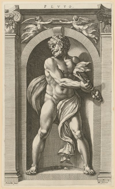 Pluto, sarjan ”Kahdeksan antiikin jumaluutta” 3. sivu tekijältä Hendrick Goltzius