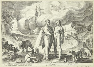 Prometheus luo ihmisen ja antaa hänelle elämän tulella taivaasta tekijältä Hendrick Goltzius