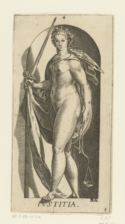 Oikeudenmukaisuus Iustitia (otsikko esineessä) Seitsemän hyvettä (sarjan nimi) tekijältä Hendrick Goltzius