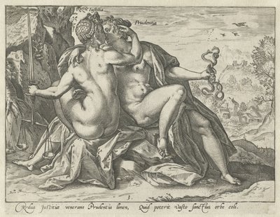 Oikeus ja varovaisuus (Justitia / Prudentia) Yhteiset hyveet (sarjan nimi) tekijältä Hendrick Goltzius
