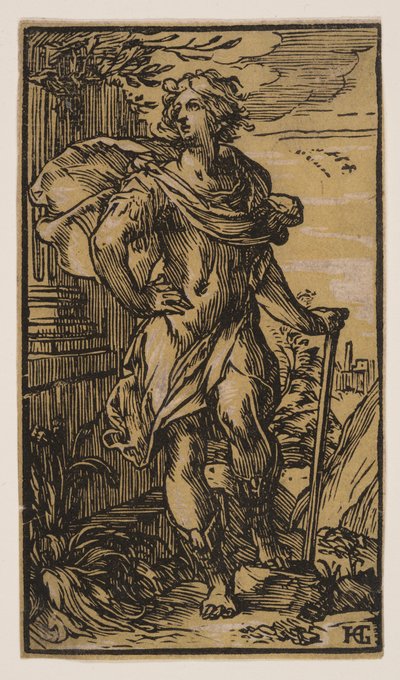 Seisova nuori mies kepin kanssa tekijältä Hendrick Goltzius