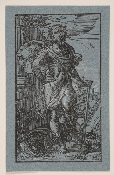 Seisova nuori mies kepin kanssa tekijältä Hendrick Goltzius