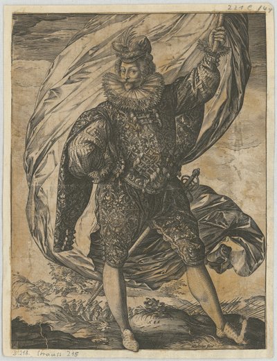 Seisova lipunkantaja, pää kääntyneenä vasemmalle tekijältä Hendrick Goltzius