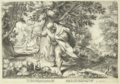 Teiresias iskee sauvallaan kahta parittelevaa käärmettä tekijältä Hendrick Goltzius