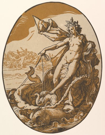 Tethys lepäämässä kahden meriolennon vetämissä jättiläismäisissä simpukkavaunuissa, teoksesta "The Deities" tekijältä Hendrick Goltzius