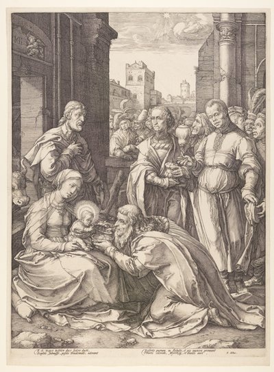 Maagien palvominen, Kristuksen syntymä ja varhainen elämä -teoksesta. tekijältä Hendrick Goltzius