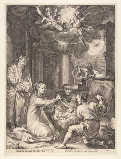 Paimenten palvonta, Kristuksen syntymä ja varhaiselämä -teoksesta. tekijältä Hendrick Goltzius