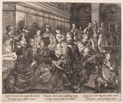 Tarquinius Collatinuksen juhla-ateria, Lucretian tarinasta. tekijältä Hendrick Goltzius