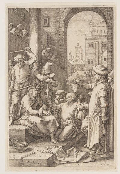 Kruunaaminen orjantappuroilla, elokuvasta The Passion (Passio) tekijältä Hendrick Goltzius