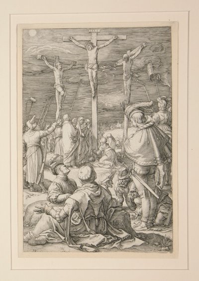 Ristiinnaulitseminen (Kristus ristillä), Passiosta, numero 10 12 kaiverruksen sarjassa tekijältä Hendrick Goltzius