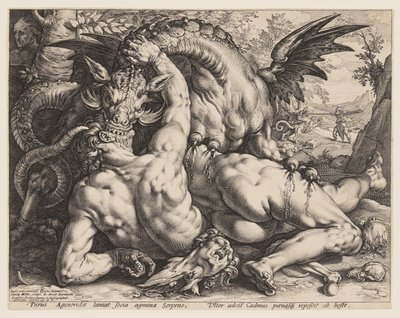 Lohikäärme, joka ahmii Cádmuksen seuralaiset tekijältä Hendrick Goltzius
