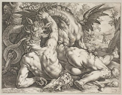 Lohikäärme nielemässä Kadmuksen tovereita tekijältä Hendrick Goltzius