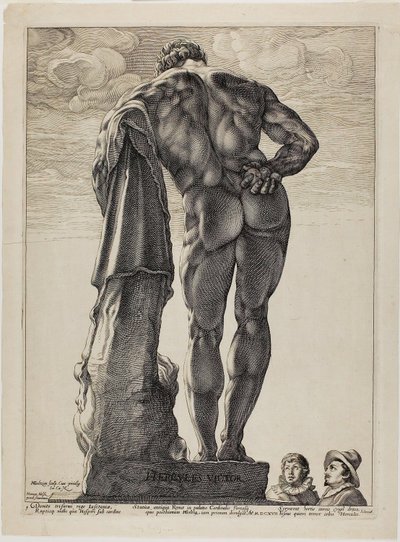 Farnesian Hercules, yksi levy kolmelta kuuluisalta antiikkiveistokselta tekijältä Hendrick Goltzius