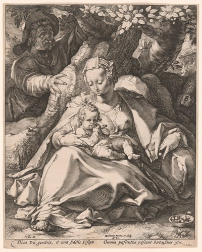 Pyhä perhe kirsikkapuun alla tekijältä Hendrick Goltzius