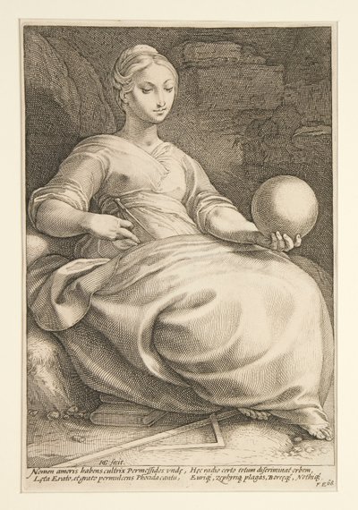 Yhdeksän muusaa: Erato, 7. yhdeksän kappaleen sarjassa tekijältä Hendrick Goltzius